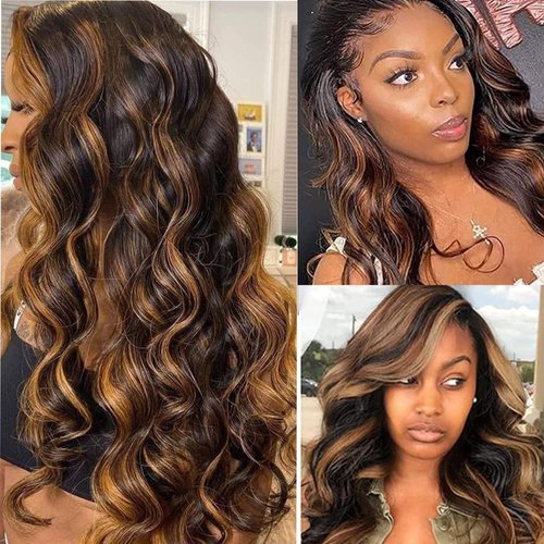 Highlight Lace Front Wig Human Hair Body Wave Ombre Honey Blonde 13x4 Transparent Lace Front Wigs For Women Ombre Brown Lace Front Wigs 180% Density Colored 20 Inch 1B/30 Balayage Wig Human Hair