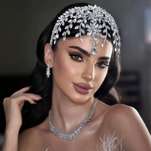 WONRLUA Wedding Headpiece for Bride, Rhinestone Forehead Bridal Headband, Wedding Hair Accessories for Brides