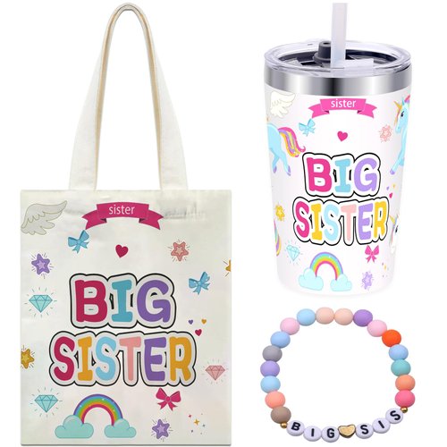 Big Sister Gifts for Girls - 12 oz Big Sister Cup,Canvas Tote Bag and Pink Sister Bracelet,Stainless Steel Mug Vacuum Insulated Tumbler,Gifts for Older Siblings of New Baby Christmas New Year Gift