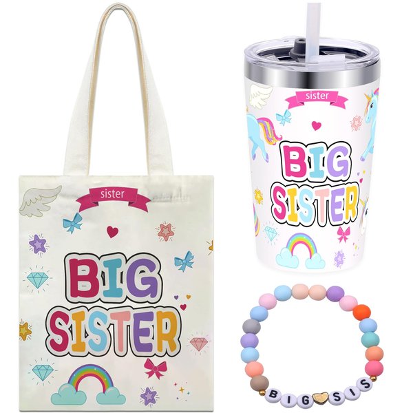 Big Sister Gifts for Girls - 12 oz Big Sister Cup,Canvas Tote Bag and Pink Sister Bracelet,Stainless Steel Mug Vacuum Insulated Tumbler,Gifts for Older Siblings of New Baby Christmas New Year Gift