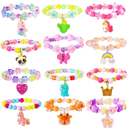 PinkSheep Bracelets for Girl Kids 12PC Jewelry for Little Girl Unicorn Friendship Bracelets Unicorn Flower Pink Sheep Bracelets Baby Girl Teen Bracelet Princess Party Favors