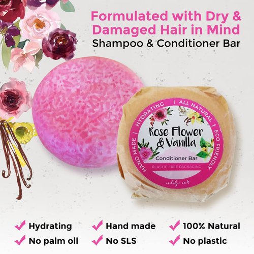 Solid Shampoo and Conditioner Bar - Eco Friendly Hair Care, Dry and Damaged Hair Treatment, Rose and Vanilla Scented, Jojoba Oil, Argan Oil For Hair, Zero Waste, 3 In 1 Shampoo, Hydrating Set 2 Bars