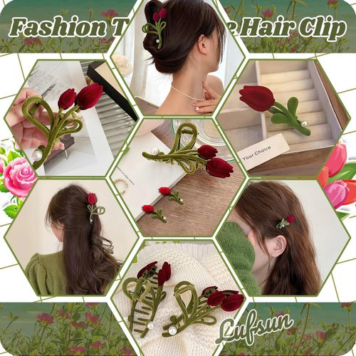 4 Pcs Flower Hair Claw Clips Cute Metal Felt Tulip Rose Rhinestone Flower Shaped Hair Clips Fluff Non-Slip Strong Hold Fashion Shark Clips for Women Girls with Long Thick Thin Curly Hair Accessories