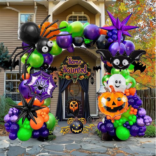 Halloween Balloon Garland Arch Kit, 133pcs Orange and Black with Spider Web Bat Ghost Pumpkin Eyes, Long Balloons for Halloween Horror Night Birthday Supplies Party Decorations (orange black)