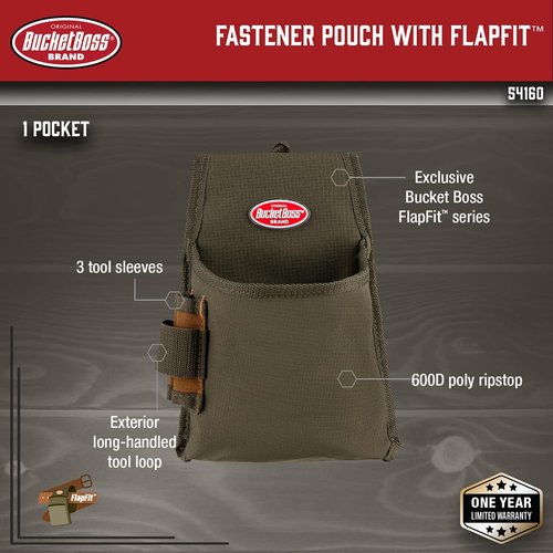Bucket Boss Fastener Tool Pouch with FlapFit in Brown, 54160, Green