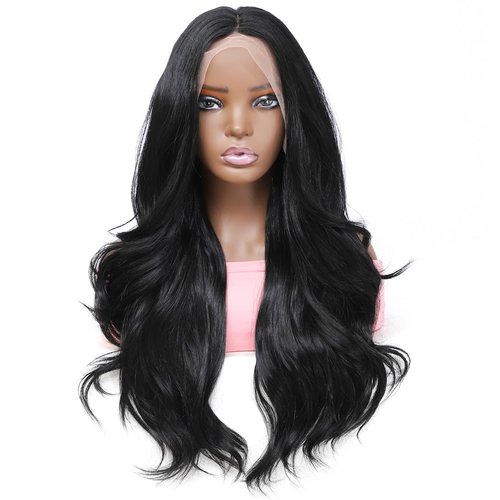 Lenaqueen HD LACE Front Wig Wavy 13X6 Glueless Synthetic Lace Front Wigs Futura Fiber Heat Resistant Synthetic Lace Wigs Pre-plucked Hairline Synthetic Wig for Black Women (Natural Black)