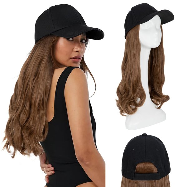 Hairro Baseball Cap with Hair Extensions Synthetic Wig Hat Hair Extensions Adjustable Wave Hairpiece With Baseball Hat Attached with Magic Paste Natural Wig Hair for Women Girls #12 light brown