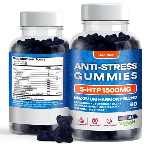 Stress Relief Gummies - 1500MG 5HTP with L-Theanine Gaba & L-Tyrosine - Ashwagandha Herbal Supplement Supports Intellectual Alertness Vegan Brain Mood Booost Supplements for Kids & Adults Made in USA