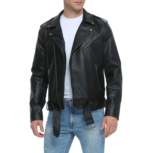 Fahsyee Leather Jackets for Men, Faux Bomber Jacket Men Motorcycle Lapel Asymmetric Zip-Up Blet Slim Fit Biker Coat Black L