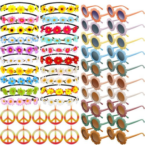 60 Pcs Groovy Hippie Party Favors 60s 70s Party Decorations Retro Round Flower Sunglasses Boho Da...