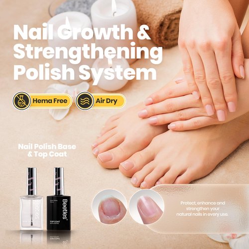 Beetles 2Pcs 15ml Nail Polish Top Coat and Base Coat Set, Fast Drying & Long Lasting Shine Clear Nail Polish Strengthener and Growth, 3 IN 1 Protects Nails, Enhances Glossy and Nourishes Nails