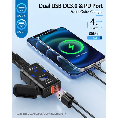 EXTRACTME Motorcycle USB Charger, Upgraded 6.4A Quick Charge 3.0 & Type C PD Dual Phone Charger with Voltmeter, Waterproof Motorcycle Accessories for Phone, Tablet, GPS, etc