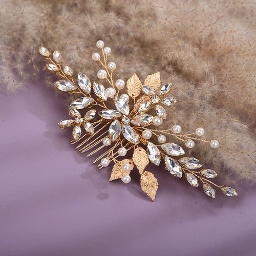 Teyglen Bridal Wedding Hair Combs Flower Rhinestones Crystal Side Hair Comb Gold Silver Leaf Crystal Bride Hair Accessories for Women Bride Girls (Gold)