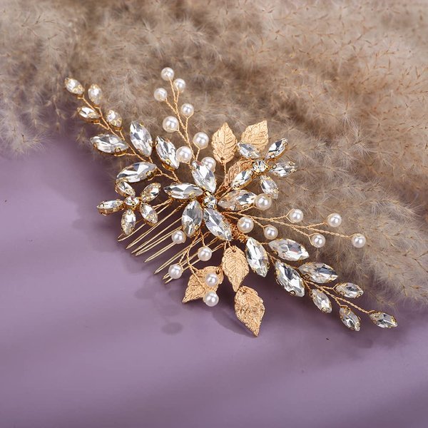 Teyglen Bridal Wedding Hair Combs Flower Rhinestones Crystal Side Hair Comb Gold Silver Leaf Crystal Bride Hair Accessories for Women Bride Girls (Gold)