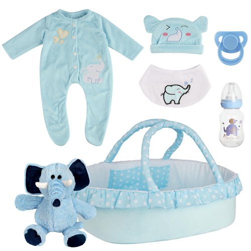 BABESIDE 7 Pcs Reborn Baby Doll Clothes Set with Bassinet for 16-20 Inch Dolls, Realistic Baby Doll Clothes with Baby Doll Accessories and Elephant Toy for Baby Boy Dolls, Blue