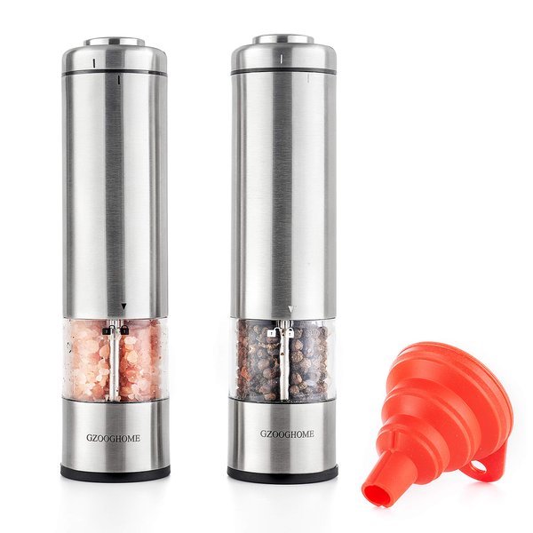 GZOOGHOME Electric Salt and Pepper Mill Grinder Set (Do Not Use Rechargeable Batteries), Battery Operated Automatic One Handed Pepper Salt Mill with Funnel and Adjustable Coarseness