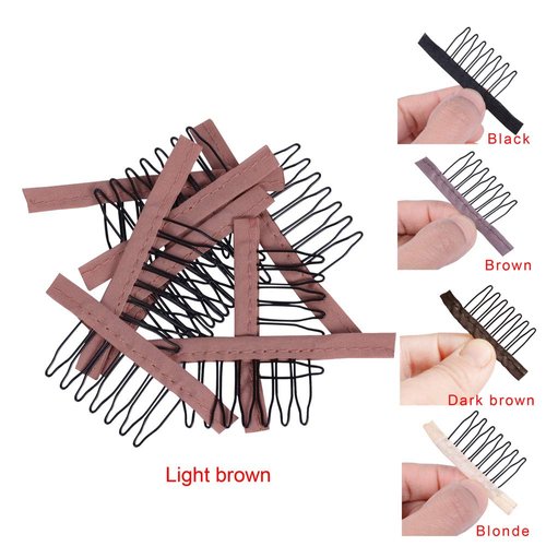 24 pcs/lot Wig Combs for Making Wig Caps 7-teeth Wig Clips with Cloth Wig Combs for Hairpiece Wig Cap Accessories Tools (Light Brown)