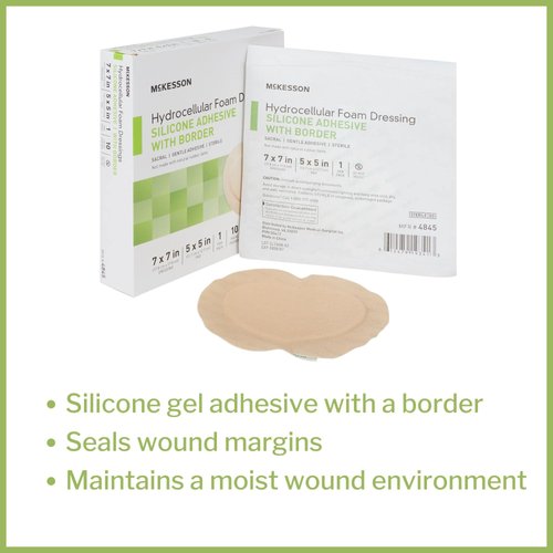 McKesson Hydrocellular Foam Dressings, Sterile, Silicone Adhesive with Border, Dimension 7 in x 7 in, Pad 5 in x 5 in, 10 Count, 1 Pack