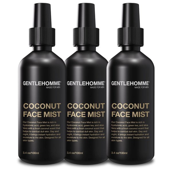 Pack of 3 Hyaluronic Acid & Aloe Coconut Face Mist for Men - Hydrating & Refreshing Green Tea & Rose Water Facial Mist for All Skin Types - Day & Night Men's Calming Facial Toner 3.4 Fl Oz