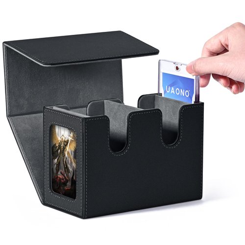 UAONO Deck Box with Dual Commander Displays, Card Storage Box Holds 280+ Single-Sleeved Cards, Trading Card Box Suitable for CCG, MTG, EDH（Black