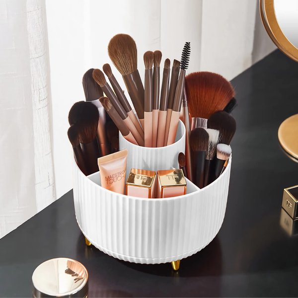 Diesisa Makeup Brush Holder Organizer,360° Rotating Makeup Brush Organizer,5 Slot Make up Brushes Cup for Cosmetics, Nail Polish, Art Supply, Bathroom Vanity Desktop Organizer - White