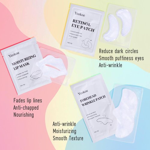 Yeokoe Forehead Wrinkle Patches,Under Eye Patches and Lip Mask 30 PCS.Facial Patches Set Face Masks Skincare Wrinkle Patches With Retinol Serum For Puffy Eyes and Dark Circles
