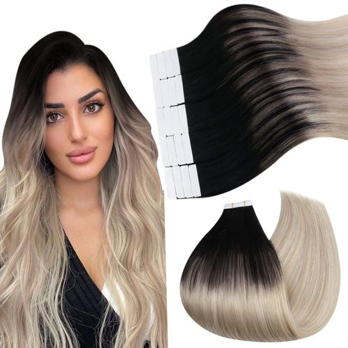 Ugeat Tape in Human Hair Extensions Balayage Tape in Hair Extensions Real Hair Double Sided Natural Black Mix Ash Blonde with Platinum Blonde Balayage Tape in Hair Extensions 12inch 20Pcs 30G