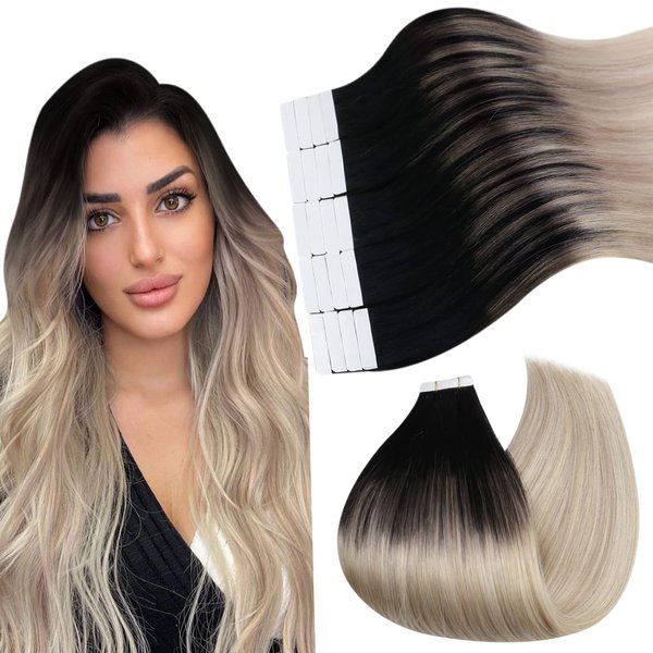 Ugeat Tape in Human Hair Extensions Balayage Tape in Hair Extensions Real Hair Double Sided Natural Black Mix Ash Blonde with Platinum Blonde Balayage Tape in Hair Extensions 12inch 20Pcs 30G
