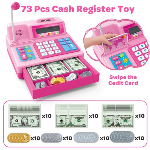 BAODLON Pretend Play Calculator Cash Register - 73 Pcs Pink Toy Cash Register, Microphone, Credit Card and Banking for Kids, Early Math Skills Toys Gifts for 3, 4, 5, 6 7 8+ Years Old Boys Girls