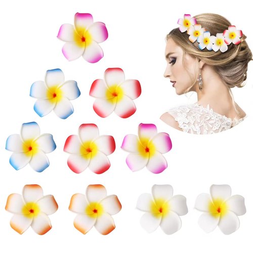10pcs 2.75 Inch Hawaiian Flower Hair Clips,Hawaii Plumeria Hair Clip Beach Flower Headpieces for Wedding Party (Random)