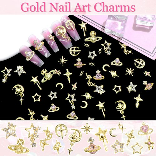 RODAKY 128PCS Gold 3D Star Cross Nail Charms Pink Saturn Planet Nail Art Charms with Crystal Rhinestone Nail Art Decoration Y2K Nail Gems Jewels Accessories for Nail Art Supplies Manicure Craft DIY