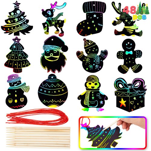 JOYIN 48 Pcs Christmas Scratch Art Ornaments, Rainbow Color Scratch Paper in Front Side & Coloring Card in Back Side, Scratch Off Kids Party Favors Supplies, Holiday DIY Art Craft Kit Activities Gifts