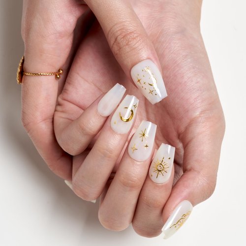 GLAMERMAID Press on Nails Short Coffin, Handmade Milky White Gel Nails Polish Glue on Nails with golden Sun, 24Pcs Reusable UV Finish Fake Nails Acrylic False Nails Manicure Kits for Women Gift