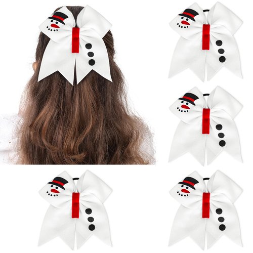 JarThenaAMCS 4Pcs Christmas Cheer Hair Bows Scrunchies Cute Winter Snowman Bowknot Hair Ties White Cotton Ponytail Holder for Women Xmas Birthday Costume Supplies