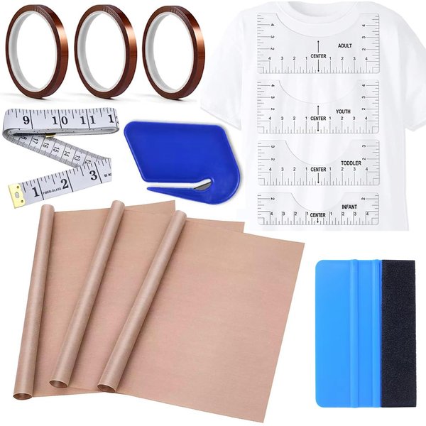 YOUlDIANZI Sublimation Shirts Tool Kits - 4 T Shirt rulers, 3Pack Teflon Sheet for Heat Press 16 x 20in - 3 Rolls Heat Resistant Tape,1 Tape Measure,1Squeegee for Vinyl