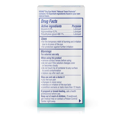 Visine Dry Eye Relief Lubricant Eye Drops with Polyethylene Glycol 400 to Moisturize and Soothe Irritated, Gritty and Dry Eyes, Designed to Work Like Real Tears, 0.5 fl. oz
