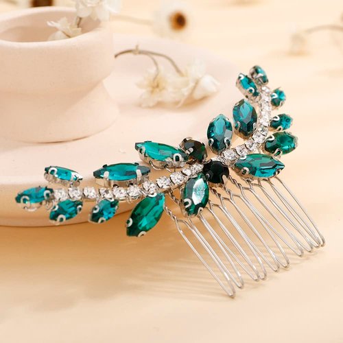 Teyglen Rhinestones Wedding Hair Comb Bridal Green Crystal Side Hair Comb Hair Accessories for Bride Handmade Red Blue Black Crystal Hair Pieces Vintage Headpieces for Women Girls(Silver-Green)
