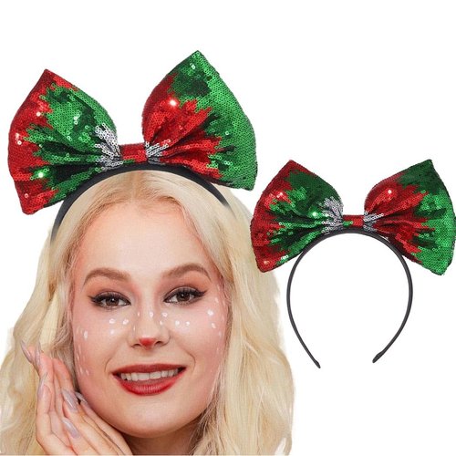 Fdesigner Sequins Bow Headband Christmas Bowknot Hair Band Red Green Bows Headpiece Xmas Hair Hoop Holiday Glitter Hair Bow Accessories for Women and Girls