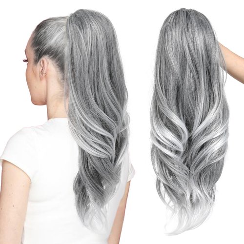 SEIKEA Versatile Drawstring Ponytail Extension, 26" Long Wavy Multi Layered Clip in Ponytail Hair Extensions Stand Up High Fake Pony Tail Soft Natural Synthetic Hairpiece Silver Grey to White