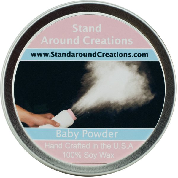 Premium 100% All Natural Soy Wax Aromatherapy Candle - 4 oz Tin Baby Powder: Contains White Cedar, ylang ylang, Cypress, and Musk. Natural Essential Oils, Cedarwood, Patchouli and Ylang Ylang.