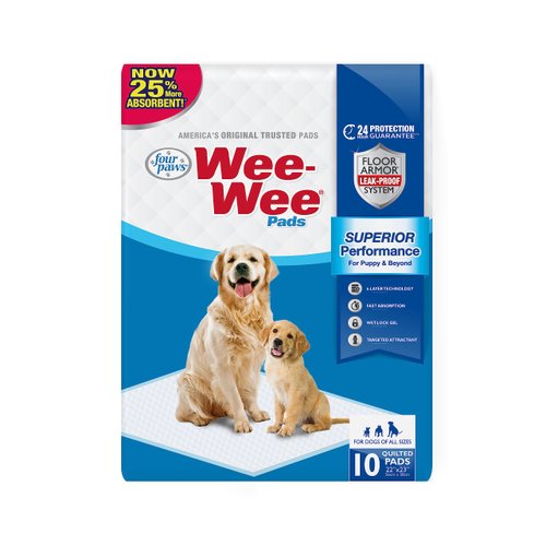 Four Paws Wee-Wee Superior Performance Pee Pads for Dogs of All Sizes, Leak-Proof Floor Protection Dog & Puppy Quilted Potty Training Pads, Unscented, 22" x 23" (10 Count)