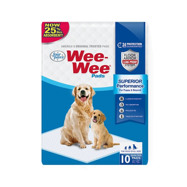 Four Paws Wee-Wee Superior Performance Pee Pads for Dogs of All Sizes, Leak-Proof Floor Protection Dog & Puppy Quilted Potty Training Pads, Unscented, 22" x 23" (10 Count)