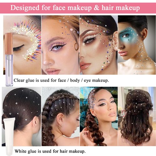 Hair Face Gems Rhinestones with Makeup Glue, Flat Back Colorful Jewels Crystal Half Round Pearl Gold Holographic Glitters Sequins Kit, Wax Pencil Tweezer and Brush for Face Eye Hair Body Makeup