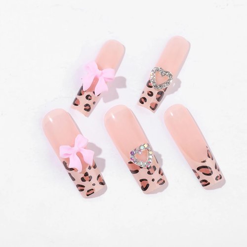BABALAL Square Press on Nails Long Fake Nails Brown Cheetah French Tip Glue on Nails Pink Bow Heart Charm Design Acrylic Nails 24Pcs Thick False Nails