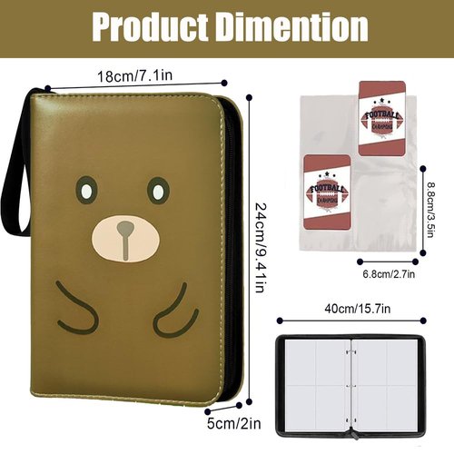 LelonHo Trading Card Binder 4 Pocket，Fits 400 TCG MTG Cards with 50 Removable Sleeves,3-Ring Card Holder Album with Zipper，Collection Card Holder Case Binders Book Gifts for Boys Girls（Bear）
