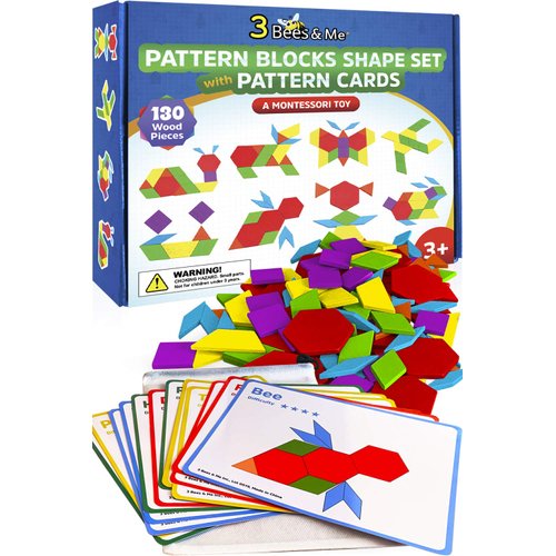 3 Bees & Me Wooden Pattern Blocks - Fun Montessori Learning Toys for Ages 3 to 9 - Tangram Shapes Puzzle Set with 155 Pieces