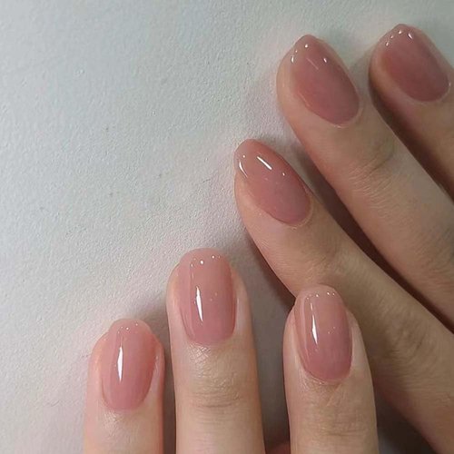 ANDGING Short Oval Press on Nails Nude Pink Fake Nails with Glossy Design Petite Glue on Nails for Women Girls Acrylic False Nails Stick on Nails Full Cover Manicure Press on Nail for Wedding 24Pcs