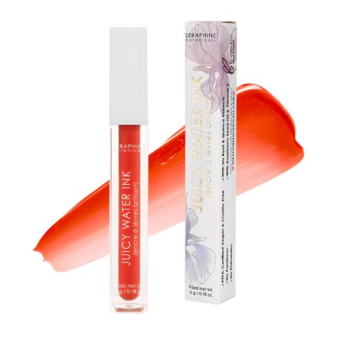 Seraphine Botanicals Lip Stain Juicy Water Ink Makeup Glossy Glowing Finish or Blot for Matte! Lip Tint Ultra Hydrating Plumping Infused with Iris Root & Quince & Raspberry Seed Oil .18oz (Sunlit)