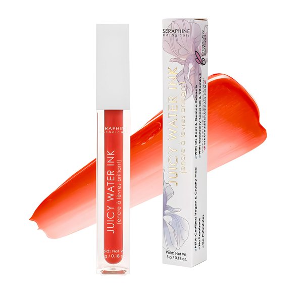 Seraphine Botanicals Lip Stain Juicy Water Ink Makeup Glossy Glowing Finish or Blot for Matte! Lip Tint Ultra Hydrating Plumping Infused with Iris Root & Quince & Raspberry Seed Oil .18oz (Sunlit)