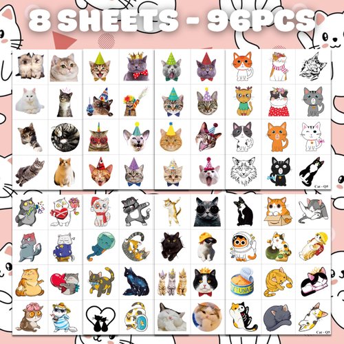 Cat Temporary Tattoos Themed Birthday Party Supplies Favors Decorations 96 PCS 8 Sheets Cute Fake Tattoo Stickers Party Games For Children Kids Boys Girls School Gifts Rewards Home Activity